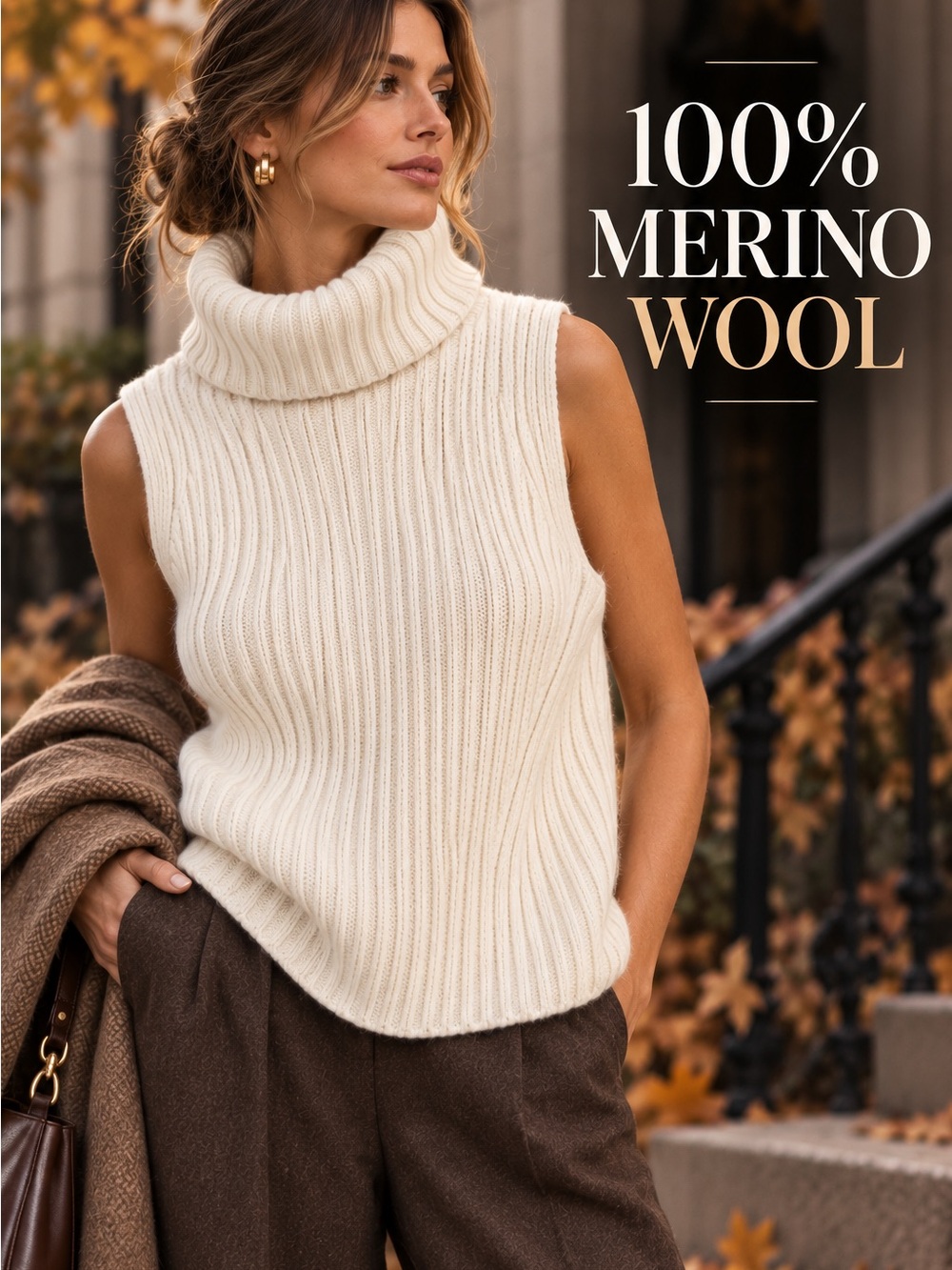 J.Crew 100% Merino Wool Ribbed Sleeveless Turtleneck Sweater Ivory S